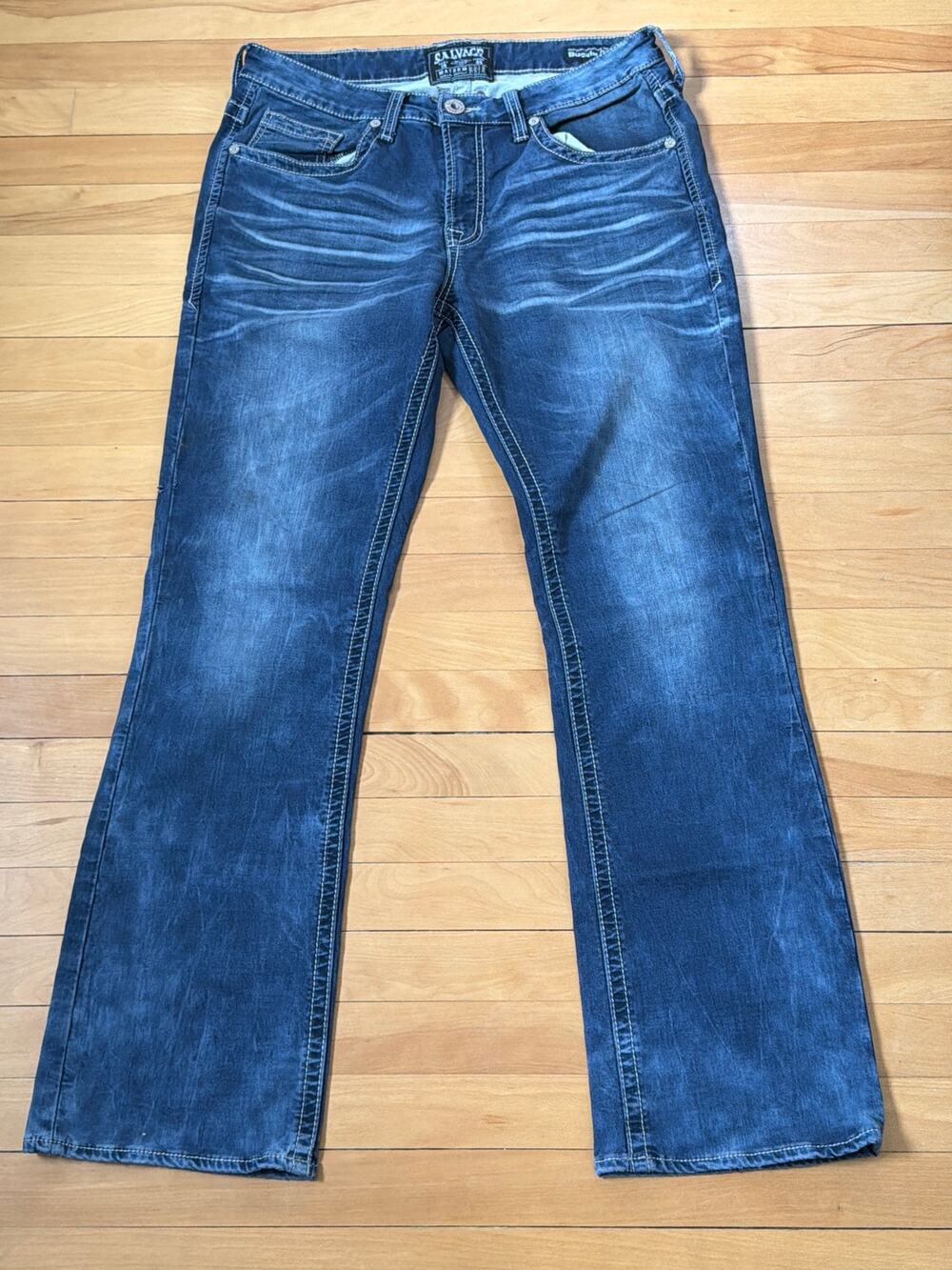 Salvage 33L Low Rise Bootcut White Thread Dark Wash Jeans